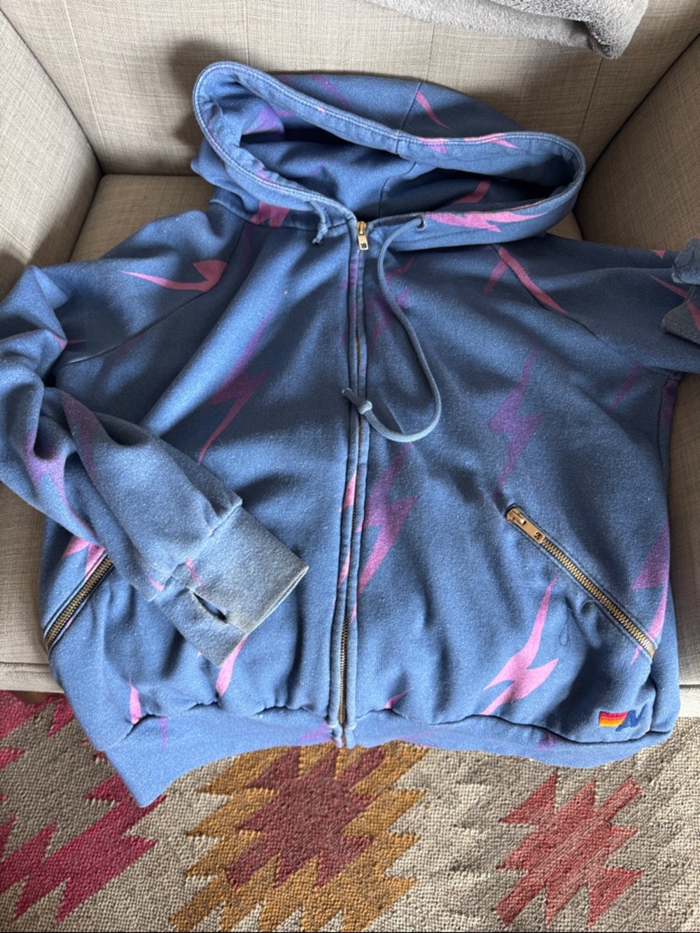 Aviator Nation Blue Hoodie with Pink Lightning Accents
